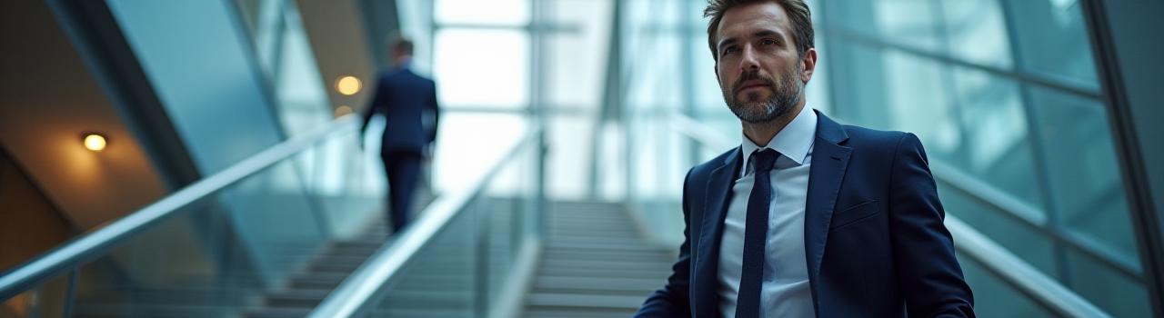 ビジネスマンが自信を持って階段を上っていく様子を背景に、堂々とした現代のオフィスビルが薄明かりに照らされている